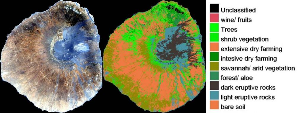 Digitales Geländemodell der Insel Fogo (Kapverden) mit überlagerter Landbedeckungs- und Landnutzungsklassifikation auf der Basis von Landsat 7 ETM+ Daten (1999/2000) (Datengrundlage: Fischer 2007)